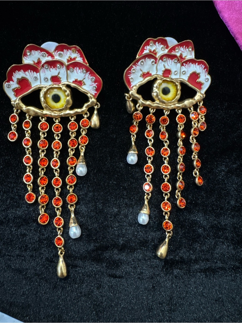 Schiaparelli inspired Red Eye Drop Dangle Earrings with Orange Crystal Fringe